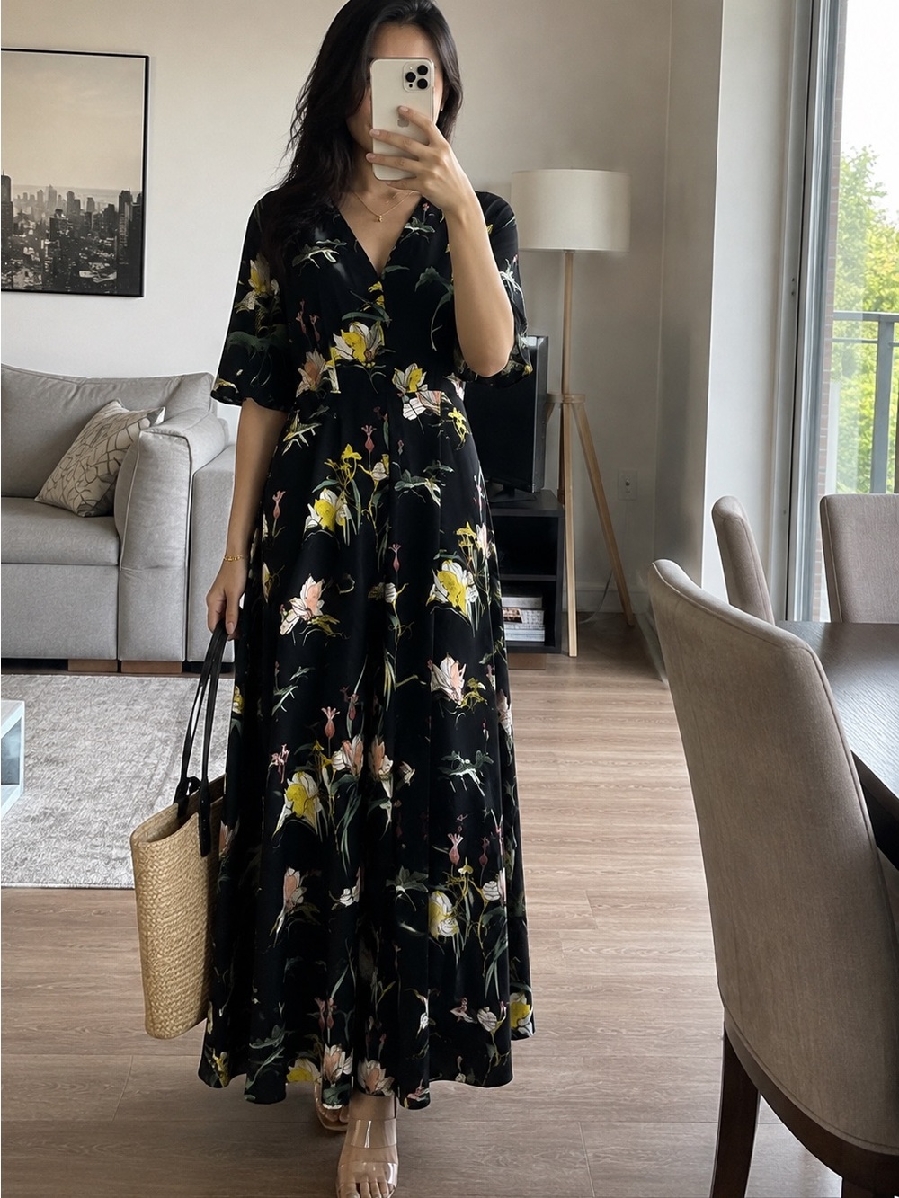 ZARA BASIC COLLECTION Black Floral Wrap-Style Maxi Dress Capsule Wardrobe